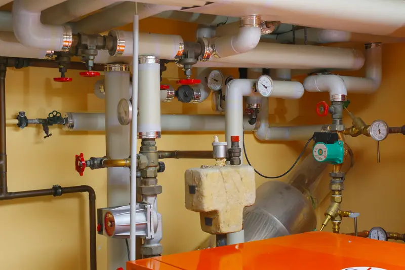 White insulated supply pipes with red-handled valves and gauges in a utility room
